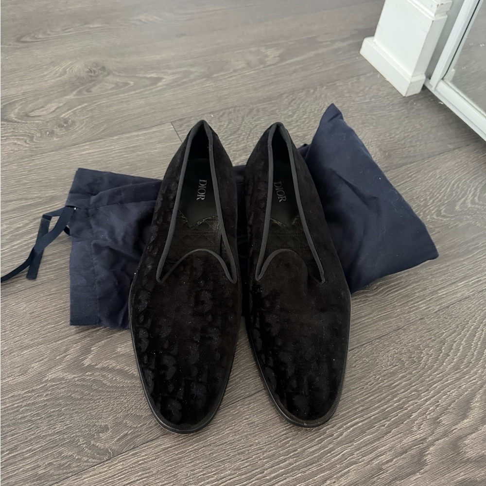 Dior Black Velvet Slip-On Loafers with Subtle Pattern